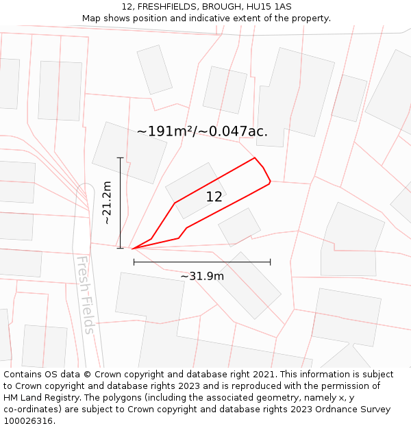 12, FRESHFIELDS, BROUGH, HU15 1AS: Plot and title map