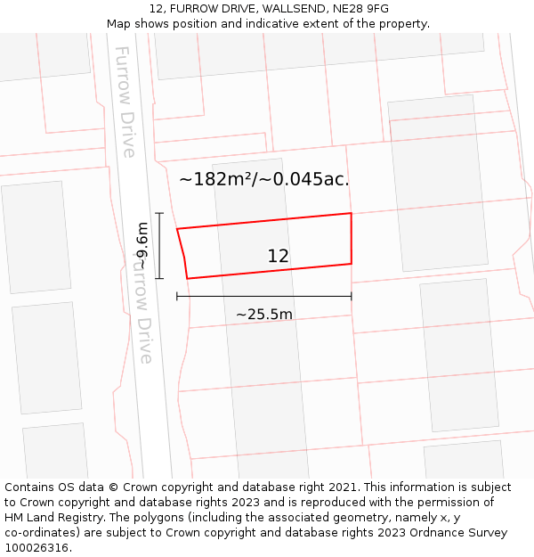 12, FURROW DRIVE, WALLSEND, NE28 9FG: Plot and title map