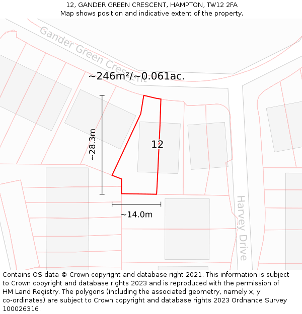 12, GANDER GREEN CRESCENT, HAMPTON, TW12 2FA: Plot and title map