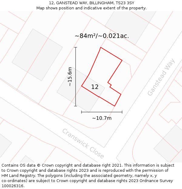 12, GANSTEAD WAY, BILLINGHAM, TS23 3SY: Plot and title map