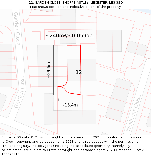 12, GARDEN CLOSE, THORPE ASTLEY, LEICESTER, LE3 3SD: Plot and title map