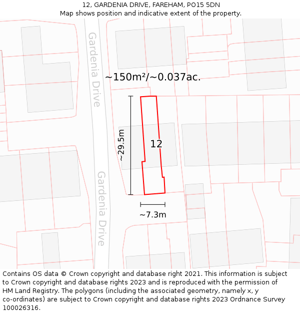 12, GARDENIA DRIVE, FAREHAM, PO15 5DN: Plot and title map