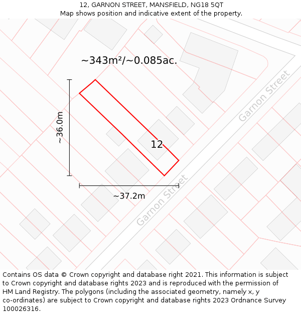 12, GARNON STREET, MANSFIELD, NG18 5QT: Plot and title map