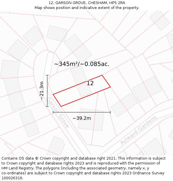 12, GARSON GROVE, CHESHAM, HP5 2RA: Plot and title map