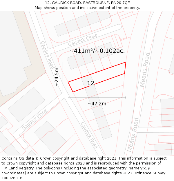 12, GAUDICK ROAD, EASTBOURNE, BN20 7QE: Plot and title map