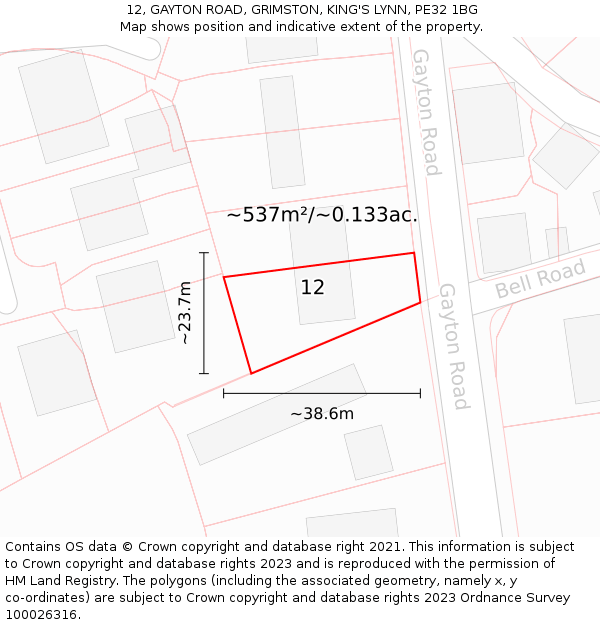 12, GAYTON ROAD, GRIMSTON, KING'S LYNN, PE32 1BG: Plot and title map