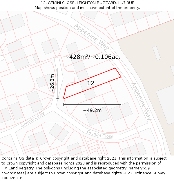 12, GEMINI CLOSE, LEIGHTON BUZZARD, LU7 3UE: Plot and title map