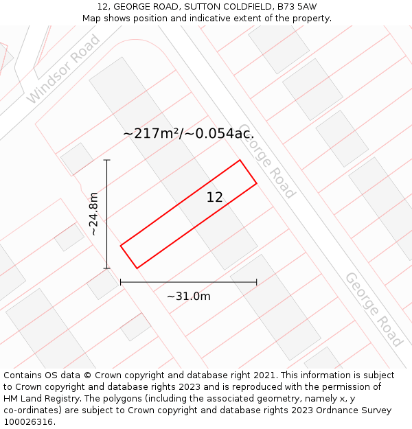 12, GEORGE ROAD, SUTTON COLDFIELD, B73 5AW: Plot and title map