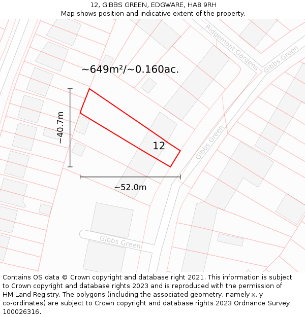 12, GIBBS GREEN, EDGWARE, HA8 9RH: Plot and title map