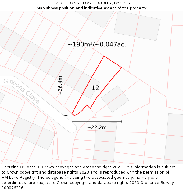 12, GIDEONS CLOSE, DUDLEY, DY3 2HY: Plot and title map
