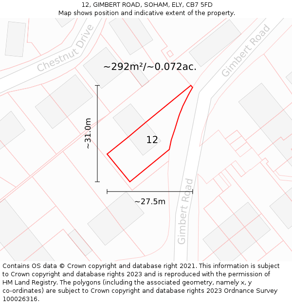 12, GIMBERT ROAD, SOHAM, ELY, CB7 5FD: Plot and title map