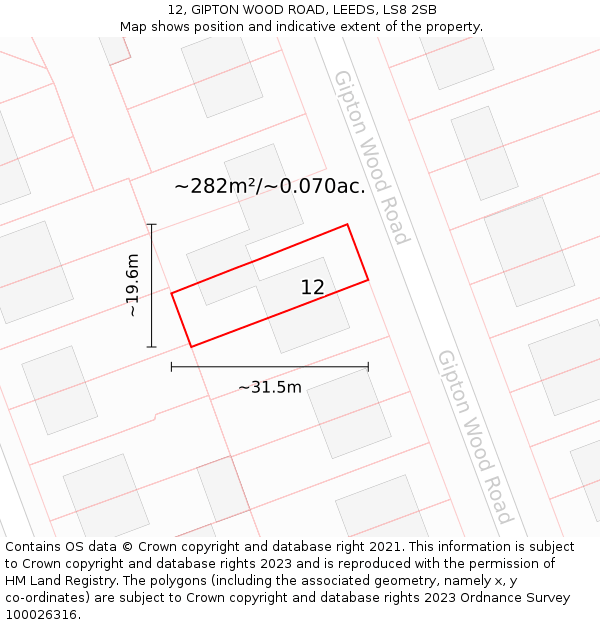 12, GIPTON WOOD ROAD, LEEDS, LS8 2SB: Plot and title map