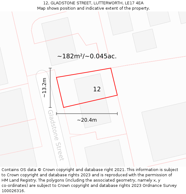 12, GLADSTONE STREET, LUTTERWORTH, LE17 4EA: Plot and title map