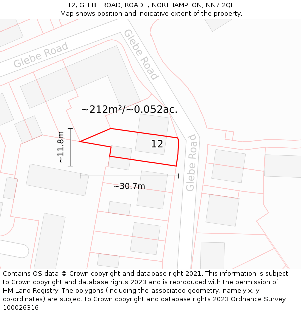 12, GLEBE ROAD, ROADE, NORTHAMPTON, NN7 2QH: Plot and title map
