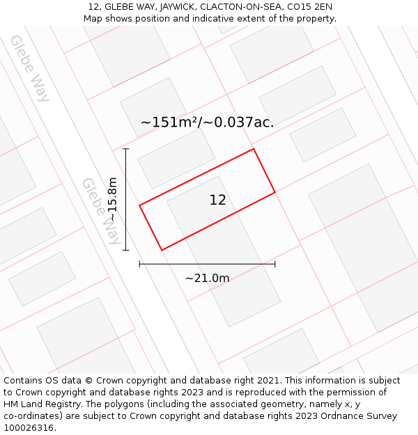 12, GLEBE WAY, JAYWICK, CLACTON-ON-SEA, CO15 2EN: Plot and title map