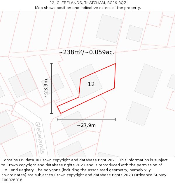 12, GLEBELANDS, THATCHAM, RG19 3QZ: Plot and title map
