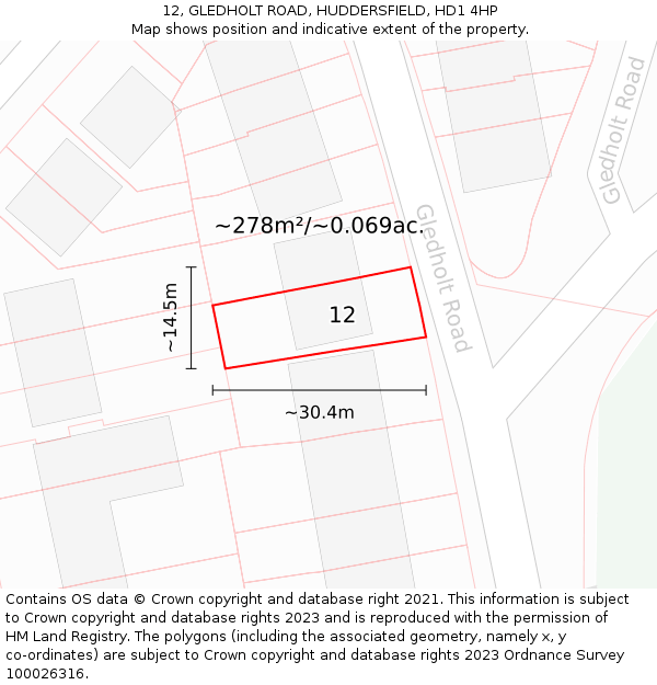 12, GLEDHOLT ROAD, HUDDERSFIELD, HD1 4HP: Plot and title map