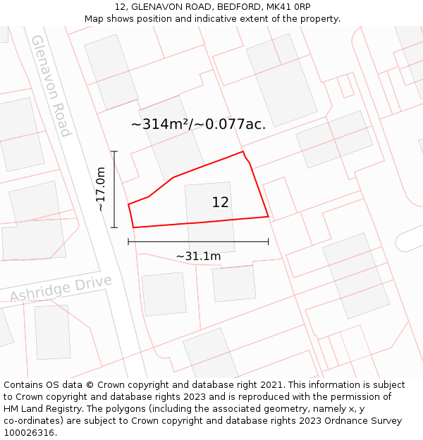 12, GLENAVON ROAD, BEDFORD, MK41 0RP: Plot and title map