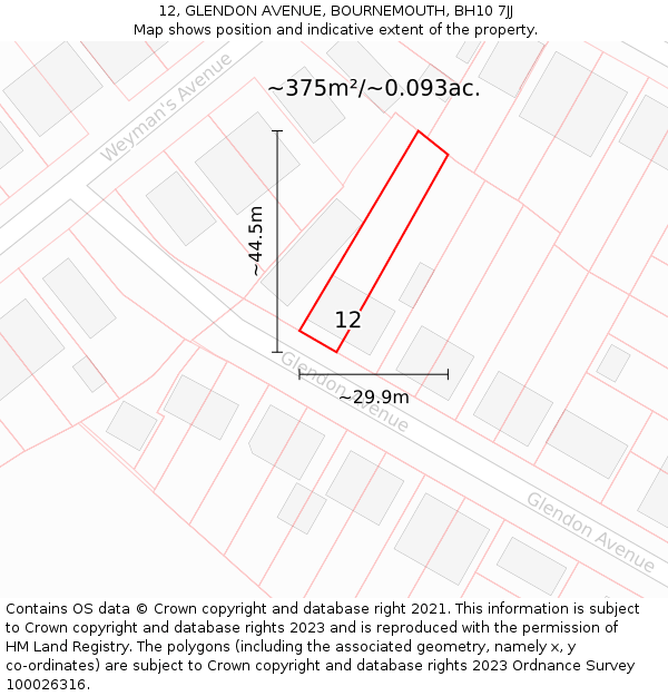 12, GLENDON AVENUE, BOURNEMOUTH, BH10 7JJ: Plot and title map