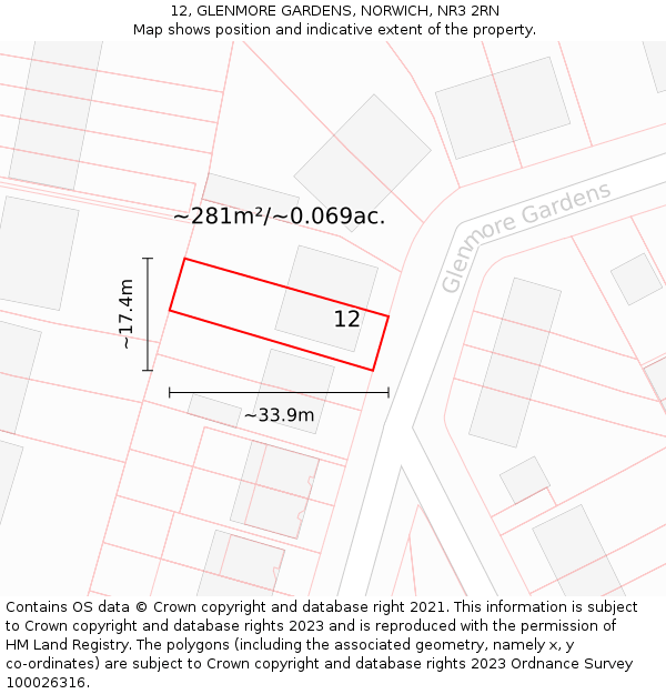 12, GLENMORE GARDENS, NORWICH, NR3 2RN: Plot and title map