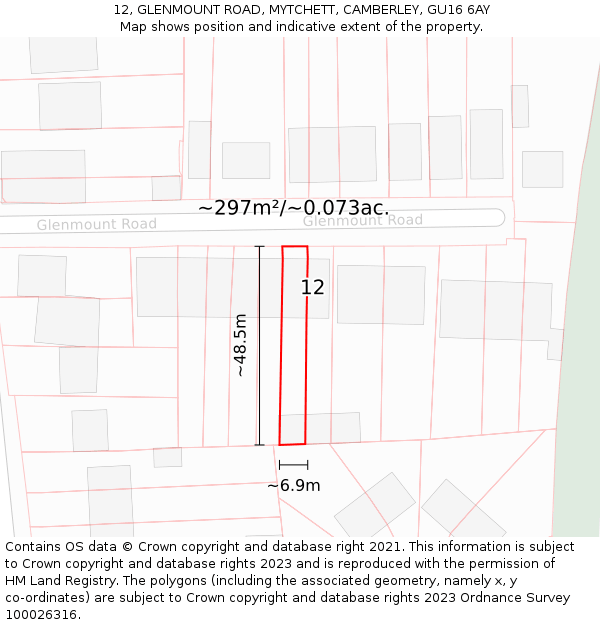 12, GLENMOUNT ROAD, MYTCHETT, CAMBERLEY, GU16 6AY: Plot and title map