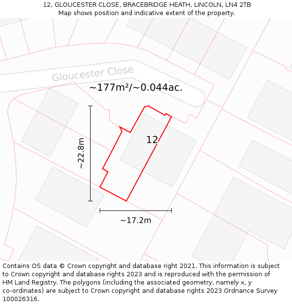 12, GLOUCESTER CLOSE, BRACEBRIDGE HEATH, LINCOLN, LN4 2TB: Plot and title map