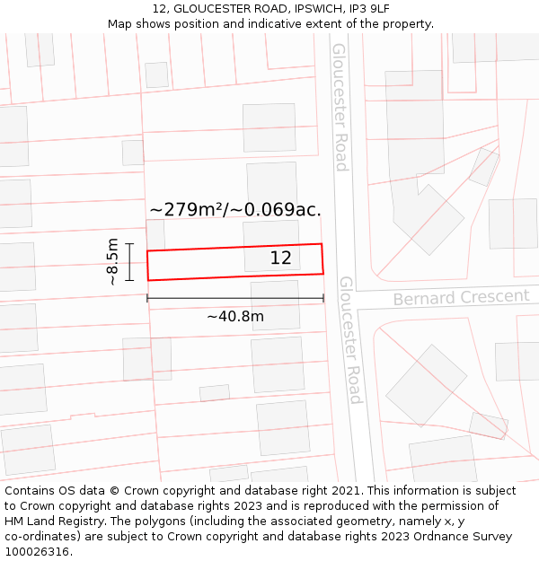 12, GLOUCESTER ROAD, IPSWICH, IP3 9LF: Plot and title map