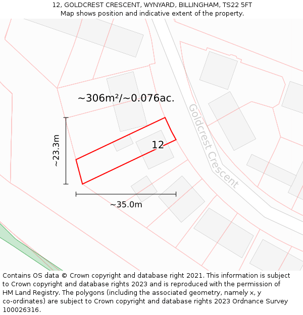 12, GOLDCREST CRESCENT, WYNYARD, BILLINGHAM, TS22 5FT: Plot and title map