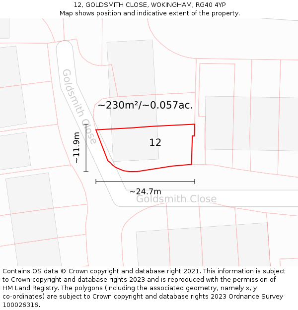 12, GOLDSMITH CLOSE, WOKINGHAM, RG40 4YP: Plot and title map