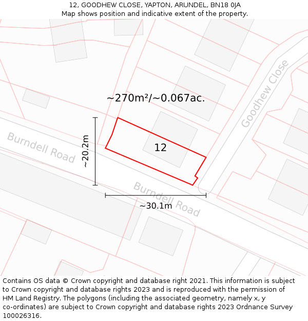 12, GOODHEW CLOSE, YAPTON, ARUNDEL, BN18 0JA: Plot and title map