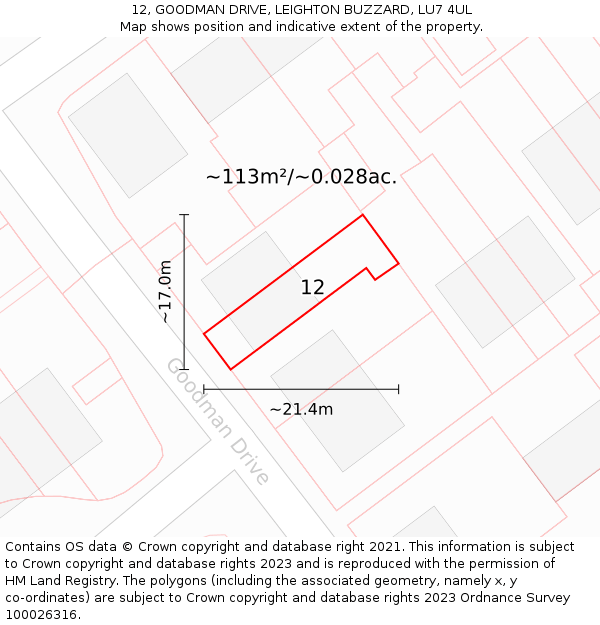 12, GOODMAN DRIVE, LEIGHTON BUZZARD, LU7 4UL: Plot and title map