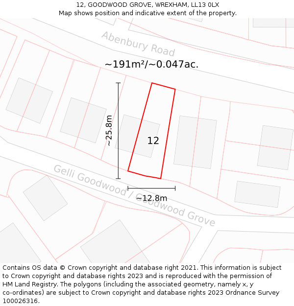 12, GOODWOOD GROVE, WREXHAM, LL13 0LX: Plot and title map