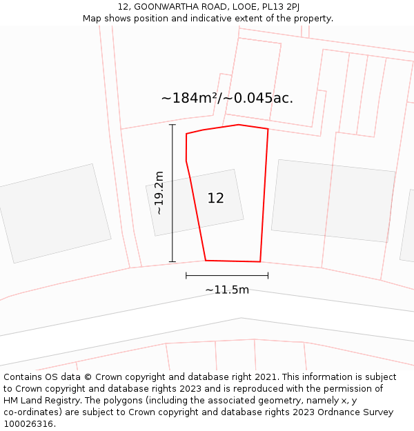 12, GOONWARTHA ROAD, LOOE, PL13 2PJ: Plot and title map