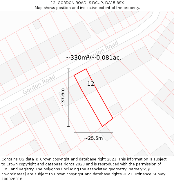 12, GORDON ROAD, SIDCUP, DA15 8SX: Plot and title map