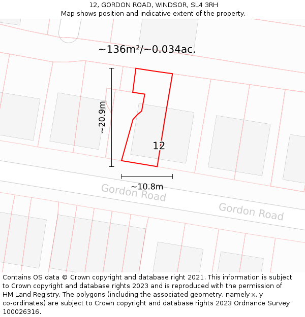12, GORDON ROAD, WINDSOR, SL4 3RH: Plot and title map