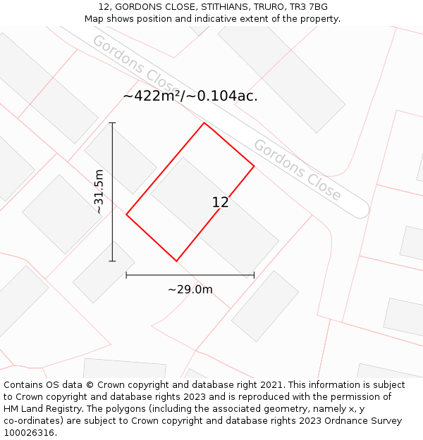 12, GORDONS CLOSE, STITHIANS, TRURO, TR3 7BG: Plot and title map