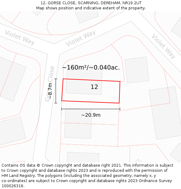 12, GORSE CLOSE, SCARNING, DEREHAM, NR19 2UT: Plot and title map