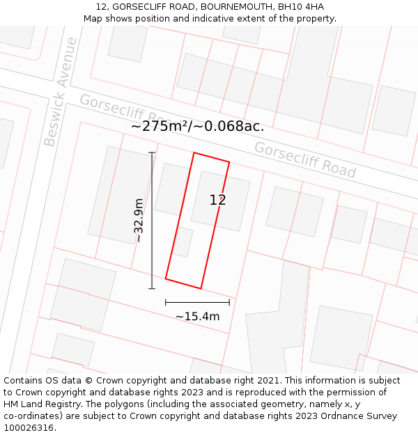 12, GORSECLIFF ROAD, BOURNEMOUTH, BH10 4HA: Plot and title map
