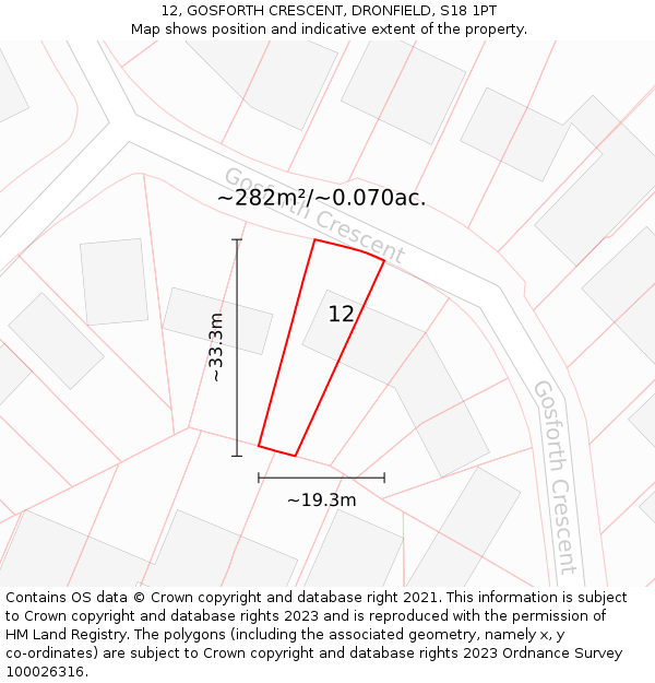 12, GOSFORTH CRESCENT, DRONFIELD, S18 1PT: Plot and title map