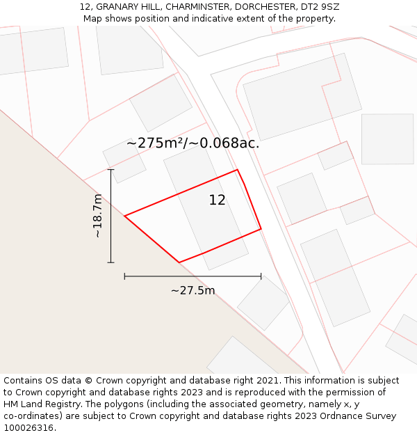 12, GRANARY HILL, CHARMINSTER, DORCHESTER, DT2 9SZ: Plot and title map