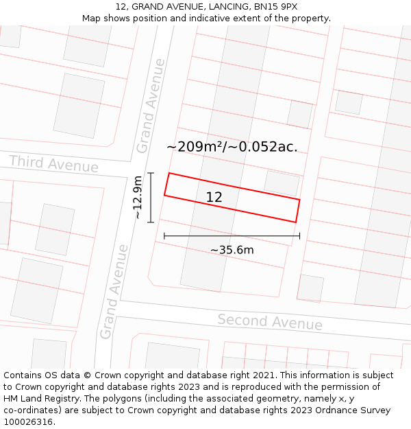 12, GRAND AVENUE, LANCING, BN15 9PX: Plot and title map