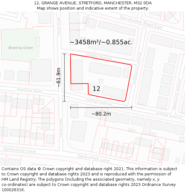 12, GRANGE AVENUE, STRETFORD, MANCHESTER, M32 0DA: Plot and title map