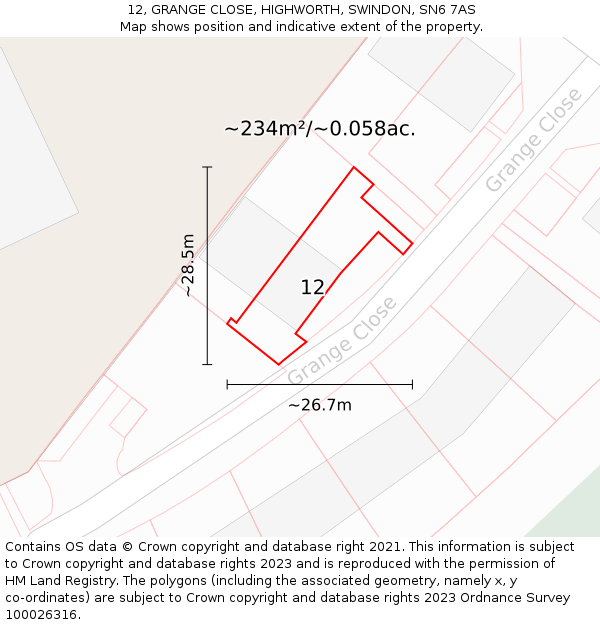 12, GRANGE CLOSE, HIGHWORTH, SWINDON, SN6 7AS: Plot and title map
