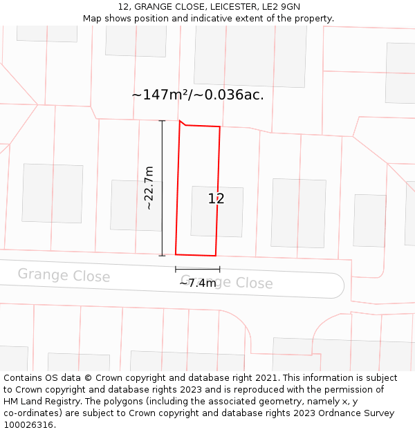 12, GRANGE CLOSE, LEICESTER, LE2 9GN: Plot and title map