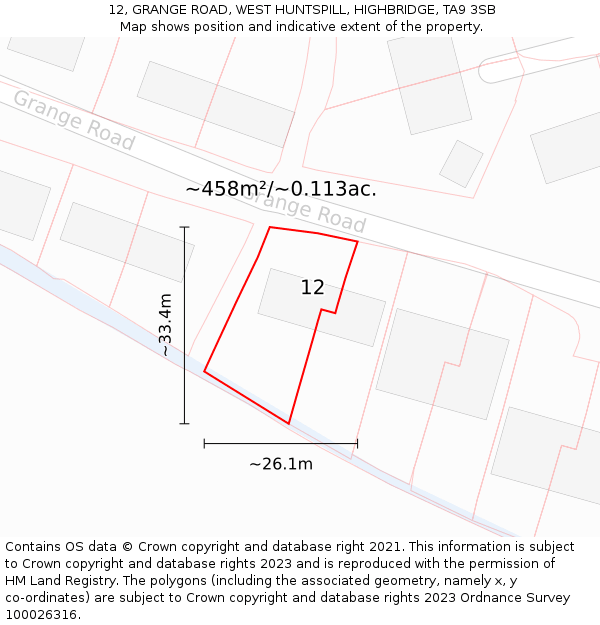 12, GRANGE ROAD, WEST HUNTSPILL, HIGHBRIDGE, TA9 3SB: Plot and title map