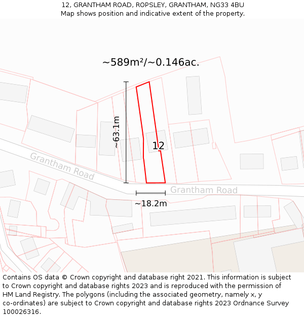 12, GRANTHAM ROAD, ROPSLEY, GRANTHAM, NG33 4BU: Plot and title map