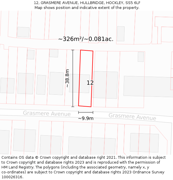 12, GRASMERE AVENUE, HULLBRIDGE, HOCKLEY, SS5 6LF: Plot and title map