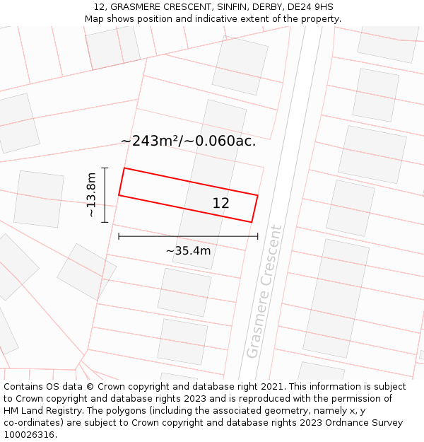 12, GRASMERE CRESCENT, SINFIN, DERBY, DE24 9HS: Plot and title map