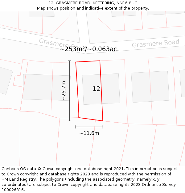 12, GRASMERE ROAD, KETTERING, NN16 8UG: Plot and title map