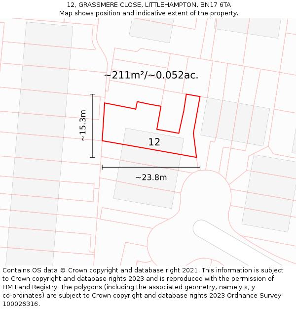 12, GRASSMERE CLOSE, LITTLEHAMPTON, BN17 6TA: Plot and title map